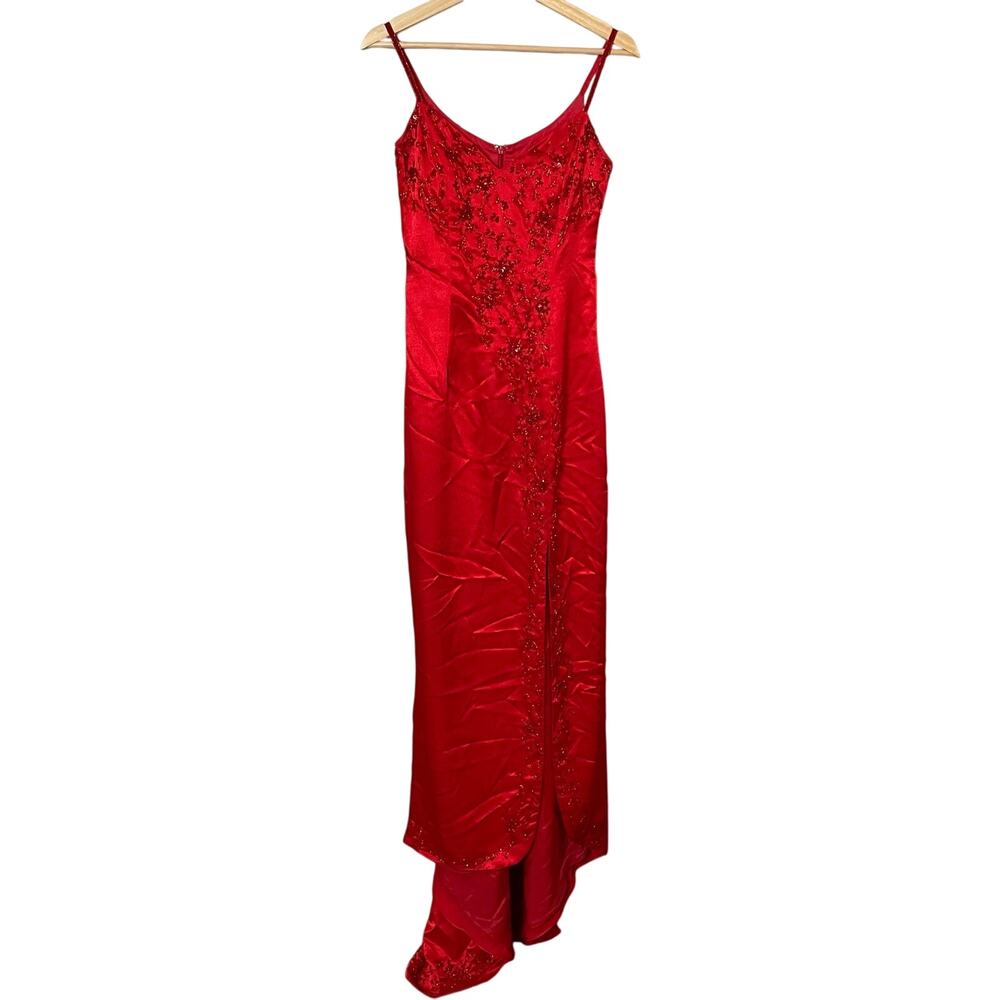 Tiffany Designs SZ 10 Beaded & Sequins Floral Cherry Red Formal Gown w/ Train